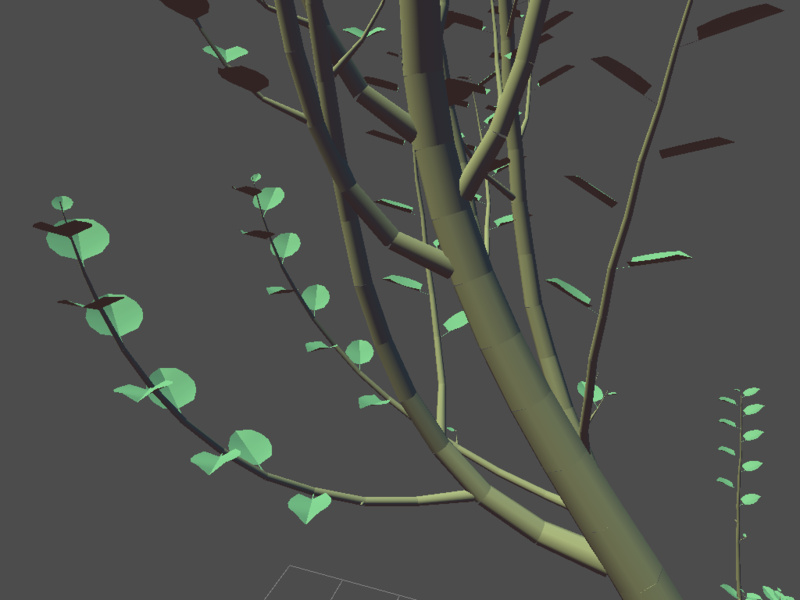 Close up of a generated tree showing the instanced meshes.